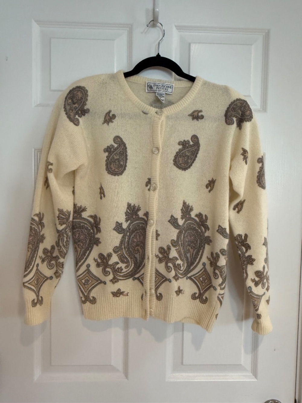 VTG Evan-Picone Petites Cream Beige Paisley Button Front Cardigan Sweater SP